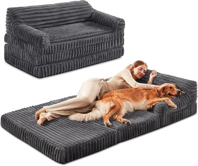 INVENHO Foldable Human Dog Bed, Orthopedic Egg-Crate Memory Foam Human Sized Dog Bed for Adult with Washable Removable Cover & Nonskid Bottom. Dirty