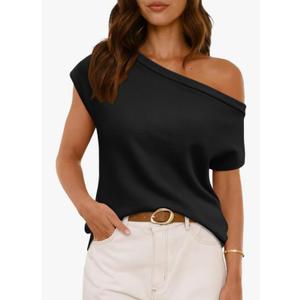 LILLUSORY Womens Summer Fashion Off The Shoulder Sweaters Vacation Trendy Going Out Tops Lightweight Knit Pullover 2025 Size S