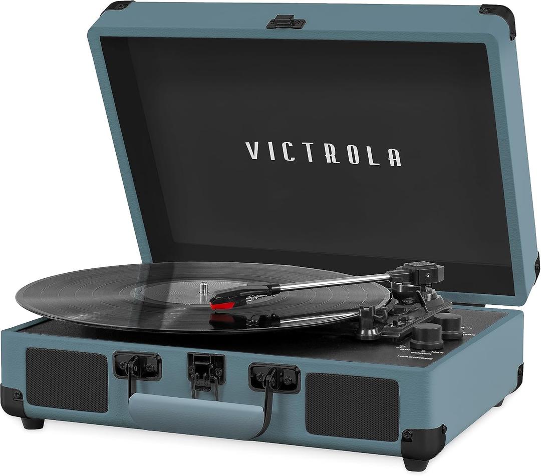 Victrola Journey Bluetooth Portable Suitcase Record Player with Built-in Speakers, 3 Speed Vinyl Record Player, RCA Out, Headphone Jack (Smoky Blue)