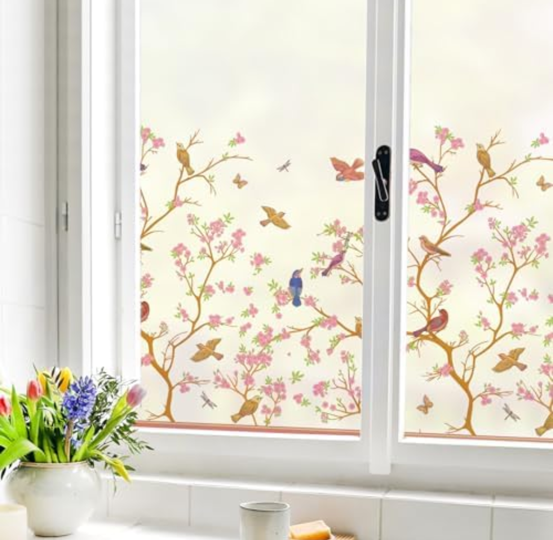 MSUP Window Film Privacy Static Cling Frosted Window Film for Glass Window Anti-UV Window Film Removable No-Glue Film Birds and Flowers Film for Kitchen, Bathroom, Office 17.7'' x 78.7'' Pink
