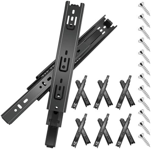 20 inch Drawer Slides 6 Pairs (12pcs) Full Extension Ball Bearing Drawer Rails Side Mount 3 fold Metal Dresser Runners for File Cabinet Trash Can Kitchen Wardrobe Glides 20" Black 100 LB Capacity
