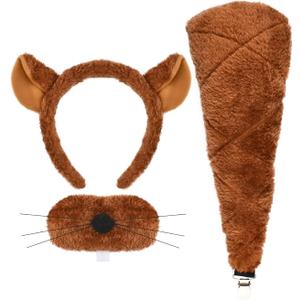 Plush Brown Beaver Costume Accessories Set with Furry Ears Headband, Nose with Whiskers, Tail Clip, 3 Piece Animal Dress Up Kit
