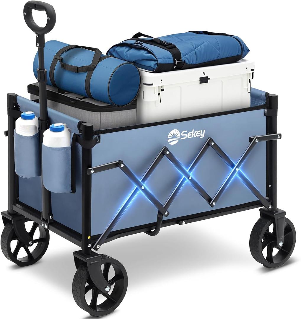 Sekey Wagon Cart with Wheels with 220LBS Capacity,Heavy Duty Wagon Carts Foldable with Drink Holders,Lightweight Utility Portable Cart for Grocery, Shopping, Garden, Camping. Blue (120L)