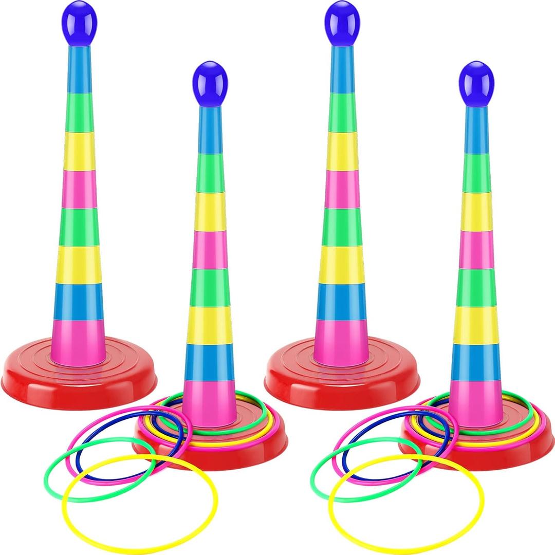 76 Pcs 4 Sets 18 Inch Plastic Ring Toss Game for Kids Colorful Tossing and Active Play Set Travel Ring Toss Quoits Toy Portable Carnival Games Indoor Outdoor Birthday Party Halloween Playground