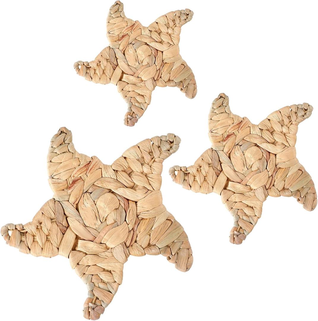 Threehoney 3 Pcs Boho Starfish Beach Bathroom Decor 3 Size Handmade Starfish Wicker Wall Decors Coastal Hanging Wall Art Florida Decoration for Indoor Outdoor Summer Nautical Seaside Sea Life Gifts