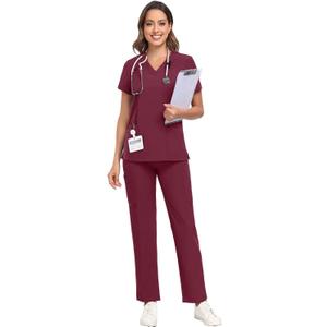 Scrubs for Women Sets, Stretch V-Neck Scrub Top & Cargo Pants with Multi Pockets, Anti-Wrinkle (XX-Large, Wine Red)