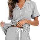 Aamikast Button Up Pajama Set for Women Shorts Short Sleeve Knit Sleepwear 2 Pice Pjs Sets (Medium, Light Gray) (Gray, M)