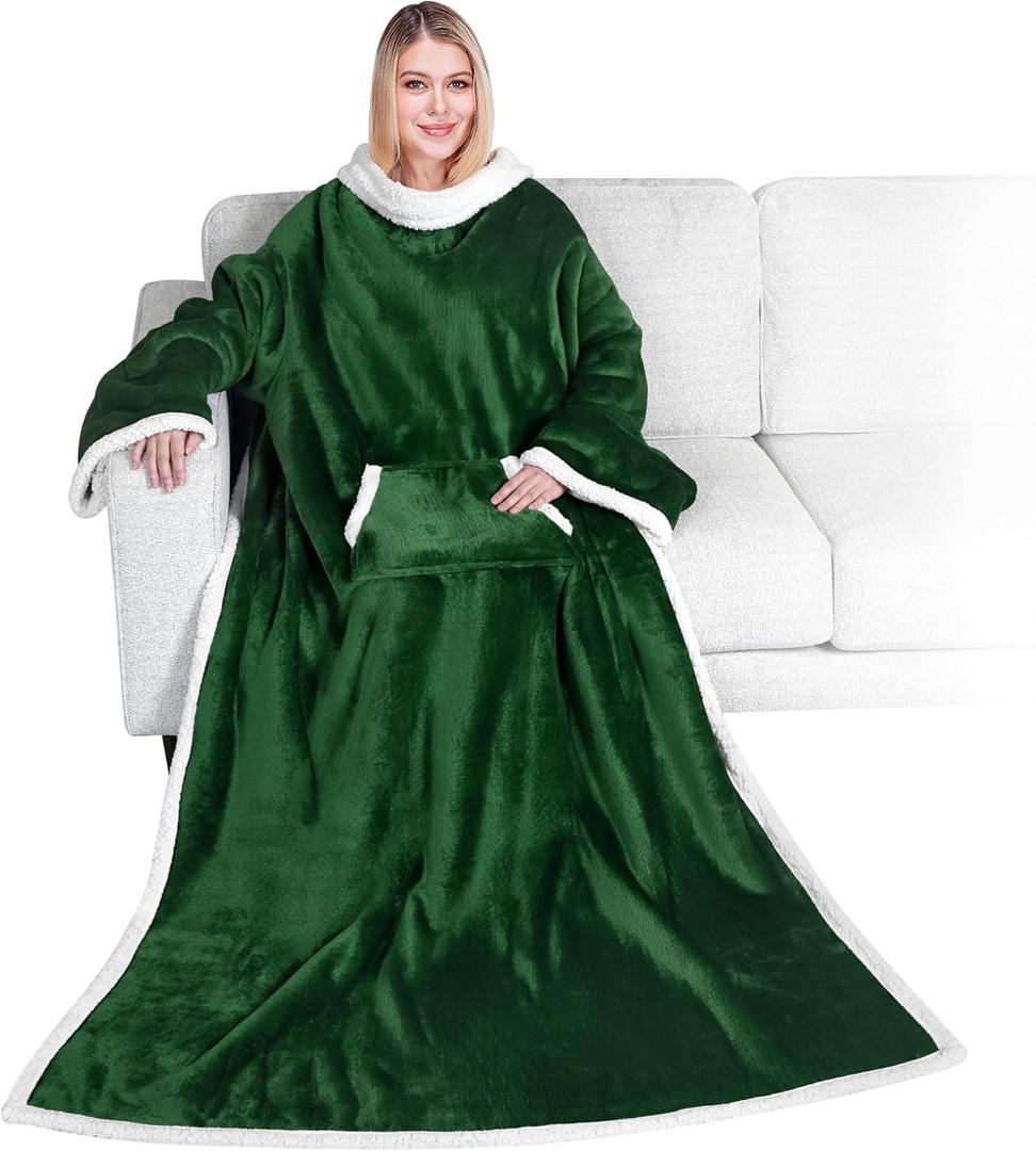 PAVILIA Sherpa Wearable Blanket with Sleeves and Pocket, Plush Thick Cozy Body Blanket Wrap for Adult Women Men, Christmas Gift for Wife Mom, Dark Green
