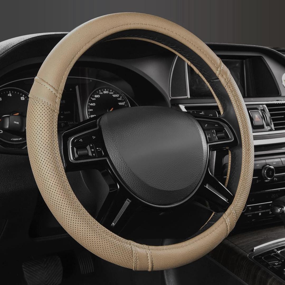 Car Pass Classical Leather Automotive Universal Steering Wheel Covers,Universal Fit for Suvs,Trucks,Sedans,Cars, Vans, 14.5-15inch Anti-Slip Safety Comfortable Desgin (Beige)