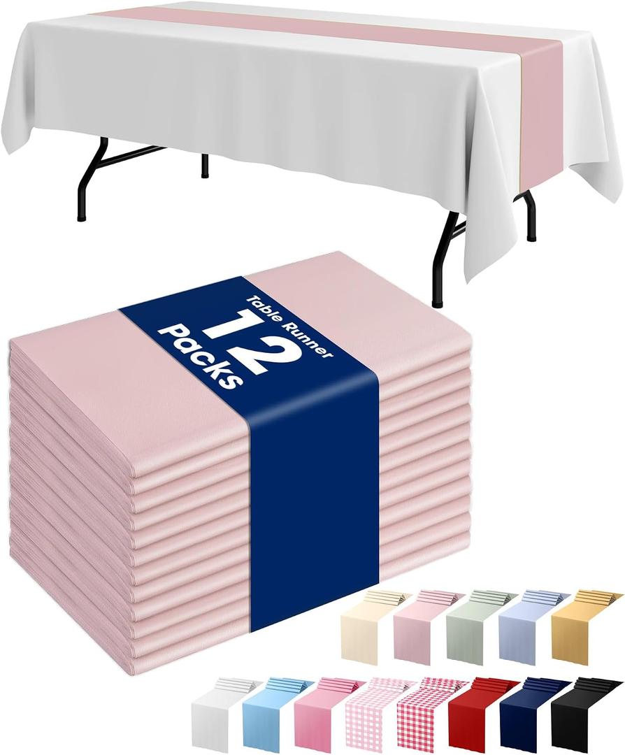 Pureegg Plastic Table Runners Disposable 12 Pack, 14 x 108 Inch Table Runner, Wedding Party, Decorative Table Runner, Rectangle, Light, Pastel Plastic Cover, Leakproof & Sturdy, Dusty Pink