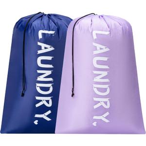 2 Pack XL Travel Laundry Bag, Machine Washable Dirty Clothes Organizer with Drawstring,Large Enough to Hold 4 Loads of Laundry, Easy Fit a Laundry Hamper or Basket Travel Essentials 24" x 36" (Light purple+Deep Blue)