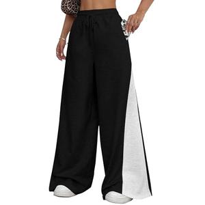 ZAFUL Wide Leg Sweatpants for Women Side Striped Patchwork High Waisted Drawstring Active Joggers Pants (1-Black, S)
