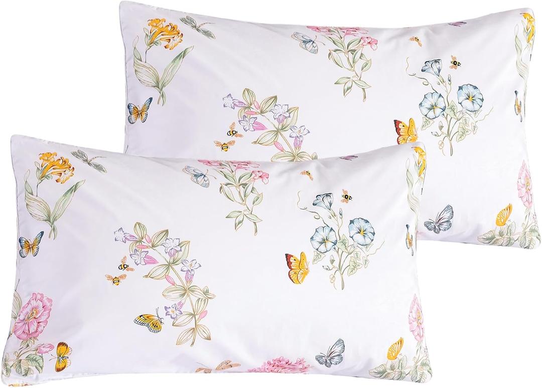 QSH 100% Egyptian Cotton Floral Pillow Cases Standard Size Set of 2, Butterfly Flowers Print Pattern Bedding Pillow Shams Standard Size, Envelope Closure Standard Pillows Covers (20"x26")