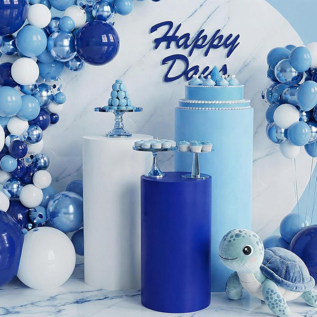 Tigeen 3 Pcs Cylinder Pedestal Stand Covers for Party Cylinder Pedestal Covers Decoration Elastic Pillars Plinth Display Cover for Birthday Wedding Baby Shower Table Decor(Classic,Blue and White)