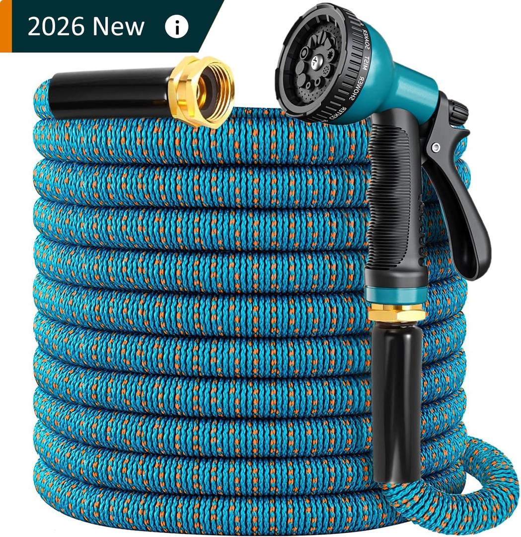 100 ft Expandable Garden Hose, 2026 New Retractable Water Hoses 100ft with 10 Function Spray Nozzle, Solid Brass Fittings, Extra Strength Fabric, Flexible Expanding Latex Core, Lightweight & No Kink