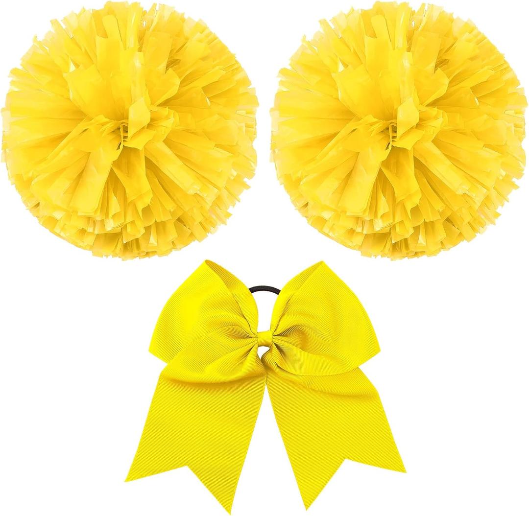 Hanaive 3 Pcs Cheerleading Pom Poms and Large Cheerleader Hair Bow Metallic Cheer Supplies for Team Spirit Sports Dance Cheering (Yellow)