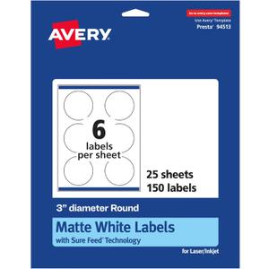 Avery Matte White Round Labels, Sure Feed Technology, 3" Diameter, 150 Matte White Printable Labels