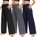 TNNZEET 3 Pack Women's Wide Leg Pants with Pockets - Casual Loose Yoga Trousers Sweatpants Palazzo Lounge Pajama Pants 2 XL (Grey, Black, Navy)