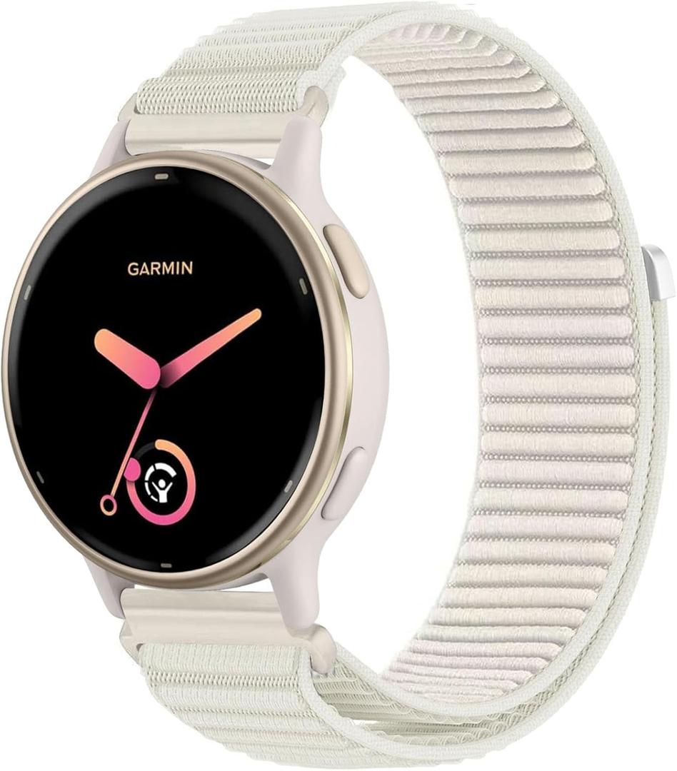 20mm Nylon Watch Band Compatible with Garmin Vivoactive 6/Vivoactive 5/3/3 Music/Venu Sq 2, Soft Sport Hook & Loop Replacement Straps for Garmin Forerunner 55/165/245 Women Men (Starlight)