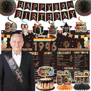 Vintage 80th Birthday Decorations - 14 Pcs Back in 1946 Retro Sunset Party Banner Centerpieces Cake Topper Sash Hanging Swirls Paper Fans Set Cheers Happy Bday Decor Supplies for Men Women
