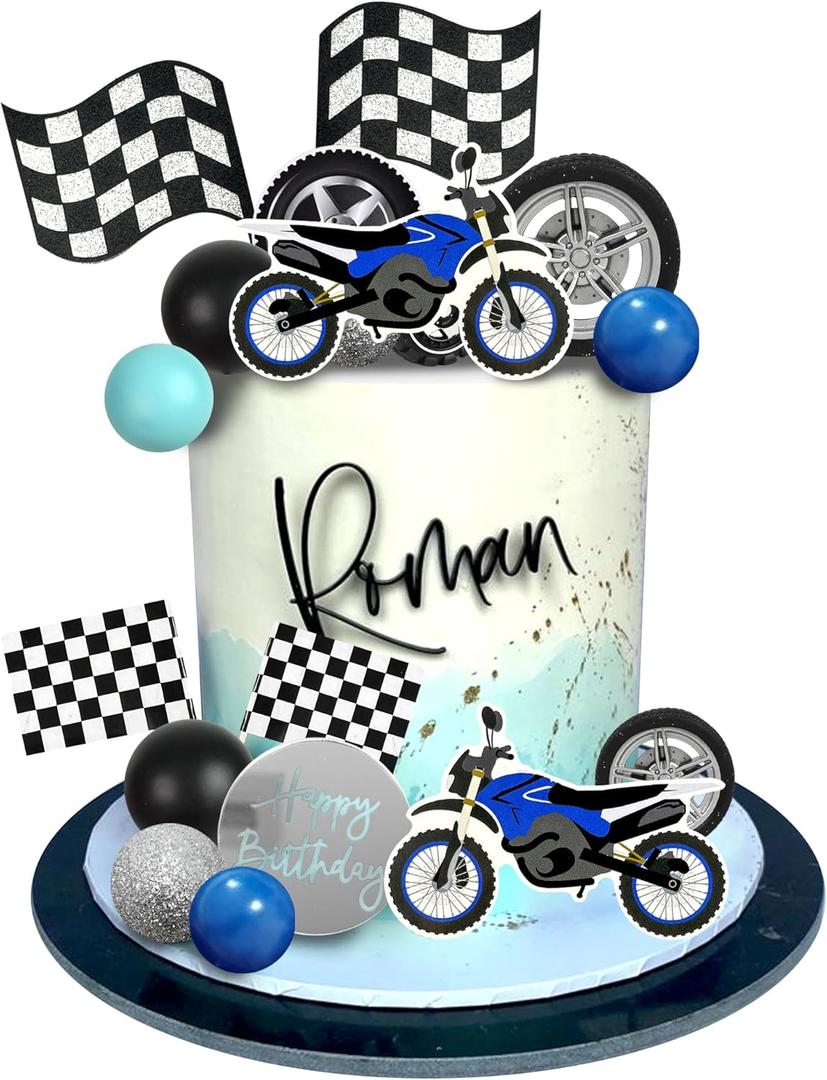 21 PCS Racing Cake Topper with Blue Black Balls and Checkered Flag for Racing Theme Birthday Party Supplies