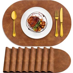 ADRIMER Placemats, Heat Resistant Oval Placemats Set of 8 Washable 12 x 17 Inch, Waterproof Table Mats, Wipeable Pu Place Mats for Kitchen, Dining Room, Turmeric Brown