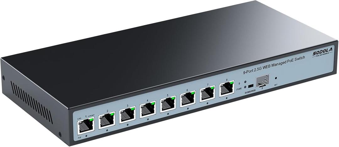S
SODOLA 8 Port 2.5G Web Managed PoE Switch 120W | 1X 10G SFP+ & 8 x 2.5GBase-T Ports, Max 90W Output, IEEE802.3af/ at/ bt, Desktop & Wall Mount 2.5GbE Network Switch