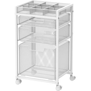Rolling File Cart with 3 Storage Drawers, Under Desk Filing Cabinet with DIY Divider, Hanging File Folder Organizer on Wheels, Fits A4/Letter Size, Metal Utility Cart for Home Office, White