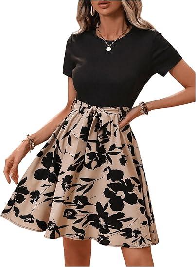 SweatyRocks Women's Graphic Short Sleeve Belted Mini Dress A Line Flared Skater Dresses, Size L