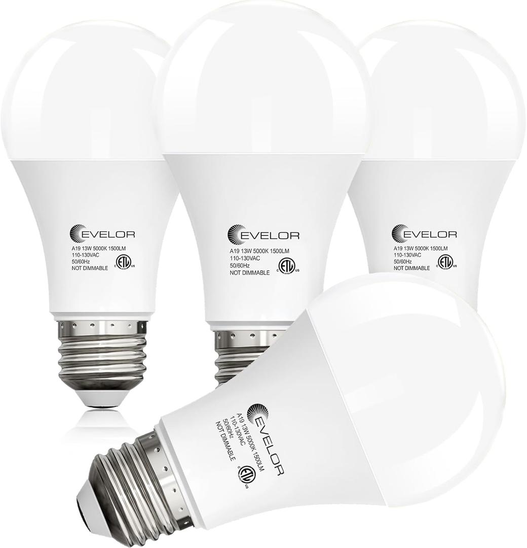 evelor 4-Packs A19 LED Light Bulbs,100 Watt Equivalent 5000K Daylight Bright Bulbs Efficient 13W,1500 Lumens E26 Base, Non-Dimmable, 15000-Hour Lifespan for Bedroom, Living Room, Office