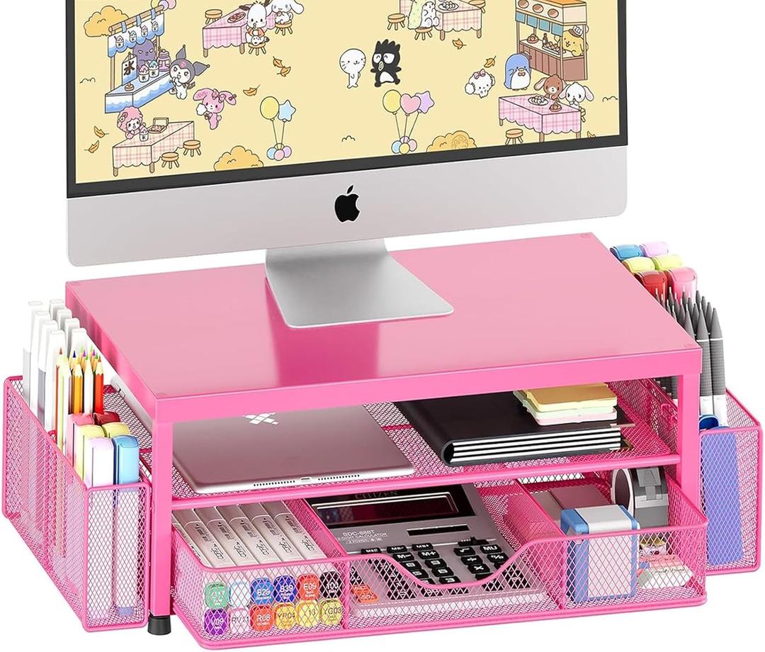 OPNICE Desk Organizer and Accessories, 2-Tier Computer Monitor Stand with Drawer and 2 Pen Holders, Laptop Stand, Office Desk Accessories for Office Supplies, Carmine Rose