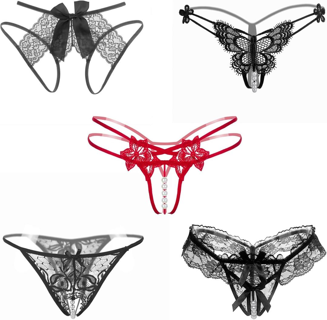 Women’s Sexy Panties Crotchless Lace Cheeky G-String Thongs for Women Pearls Ball Briefs Low Rise Underwear Pack (Black, XL)