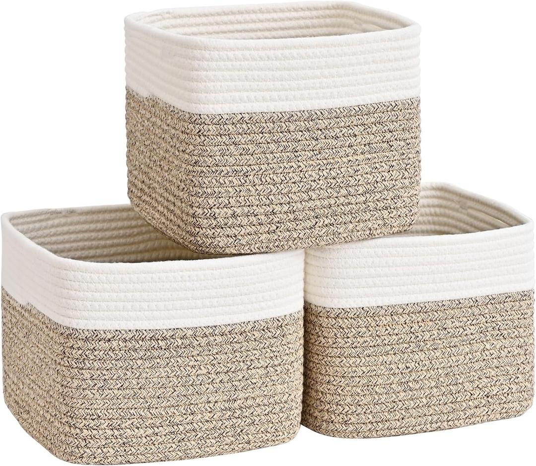 3 Pack Cube Storage Bin, 9x9x7 Cotton Rope Woven Baskets for Organizing Toys Clothes Towels, Square Gift Storage Baskets for Shelf, Nursery, Closet, Bathroom, Pantry (White & Jute)