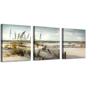 Beach scenery Picture Seascape Art: Coastal Sand Dunes Path Canvas Print Set (Overall 48"W x 16"H,Multi-Sized) (16"x16"x3pcs)