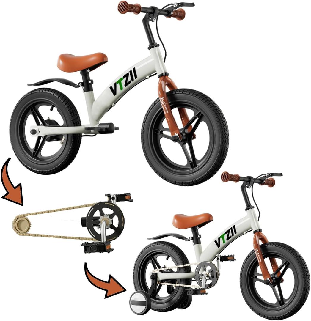 VTZII Balance Bike 2 in 1 with Pedals Brake Training Wheels Kickstand Pneumatic tyre, for Kids 2-7 Years Old, Kids Bike 12 14 16 inch (White, 14 inch)