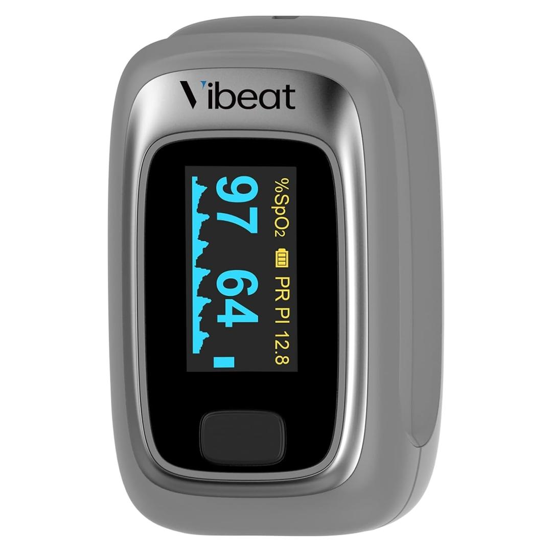 Fingertip Pulse Oximeter, Vibeat Portable SPO2 Monitor with Pulse Rate, Finger Blood Oxygen Saturation Meter with 12 Sets of Data Records, Gray