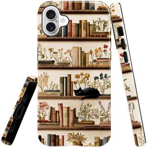 Compatible with iPhone 16 Plus Case,Glossy Case All-Round Protection Shockproof Anti-Scratches TPU Cover,Cases for Man Woman-Bookshelf Books Plants Cat