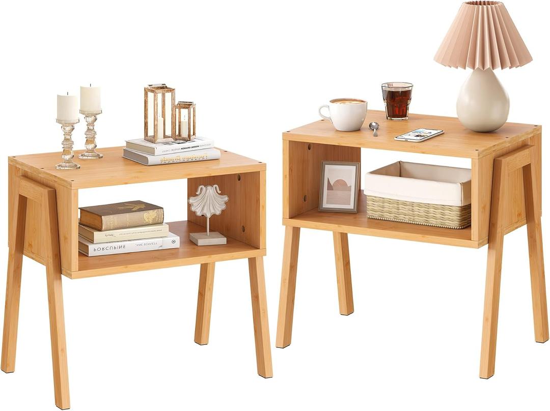 End Table Set of 2 Bamboo Nightstand Stackable Bedside Table Living Room Nightstand 2-Tier Storage Shelf Wood Sofa Table for Small Space Bed Room Living Room
