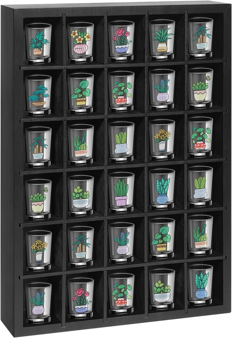 Shot Glass Display Case, 30 Slots Shot Glass Holder Wall Mounted, Solid Wood Shadow Box with Removable Shelves, Shot Glass Storage Case, Shot Glasses Shelf, Black