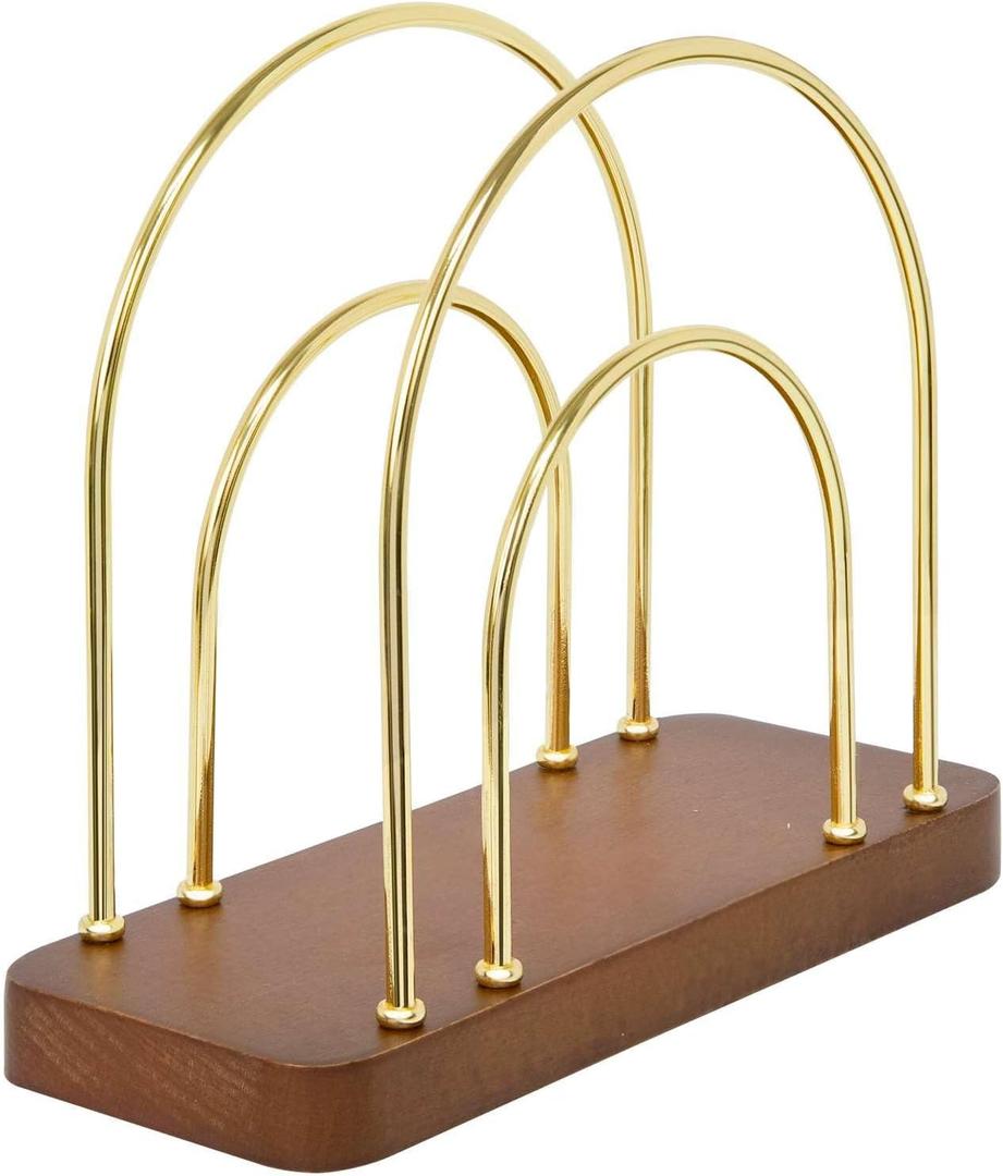 Qiannhee Gold Napkin Holder for Table, Modern Metal Wire Arch Design,Standing Napkin Dispenser,Walnut Brown Wood Base with Non - Slip Pads, Ideal for Kitchen, Dining, Wedding, Party Decorative Use