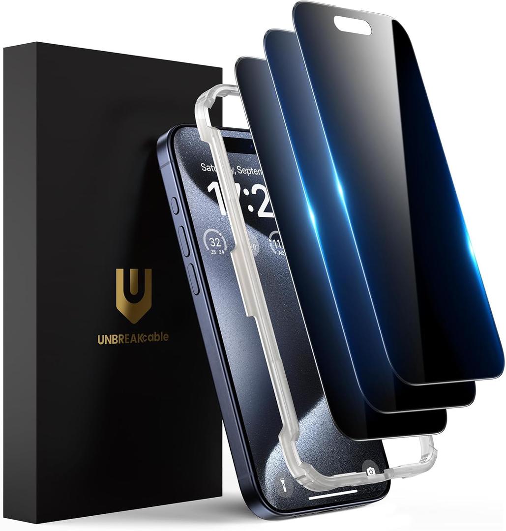 UNBREAKable Privacy Screen Protector for iPhone 15 Pro Max (6.7"), 25 Anti-Spy Tempered Glass, Easy Install Alignment Frame, Case-Friendly, 9H Hardness, Anti-Fingerprint, 3-Pack