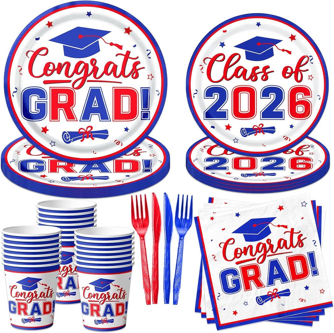 Red and Blue Graduation Decorations Dinnerware Set, Class of 2026 Graduation Plates and Napkins, Graduation Plates and Cups and Napkins Set for Congrats Grad Party Decorations, Serve 25
