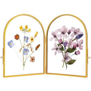 REDHUGO Double Glass Frame for Pressed Flowers Handmade, Pressed Flower Frame, Hinged Tabletop Brass Photo Frames, Dried Flower Display Folding Picture Frame for Home, ArcShaped, Gold, 4×6 Inches