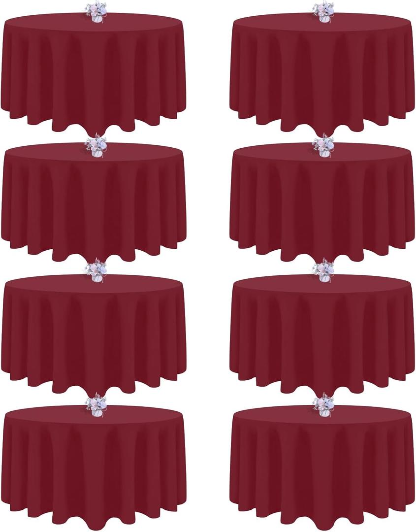 8 Pack Burgundy Round Tablecloth 90 Inch Round Table Cloth, Wrinkle Resistant and Washable Polyester Fabric Table Cloth Round Table Cover for Dining Wedding Banquet Party
