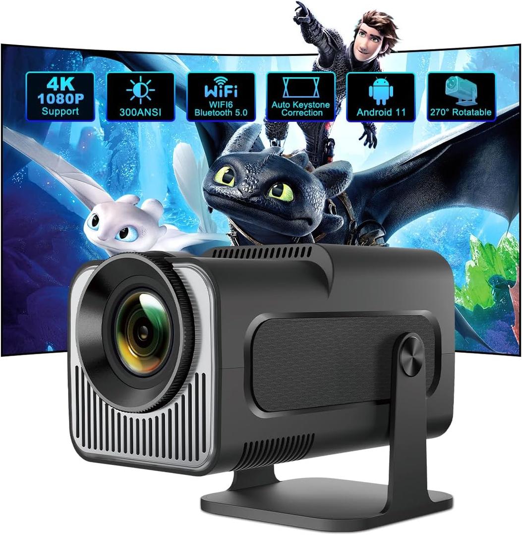 Mini Projector with WIFI 6 and Bluetooth 5, HY320 Full HD 4K Support, Portable Projector Android 11, 300ANSI Auto Keystone Correction 130" Screen, 270 Rotatable Projector for Phone/Laptop
