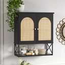 Rattan Bathroom Wall Cabinet, Boho Medicine Wall Cabinet with Double Doors and Adjustable Shelves, Tall Kitchen Wall Mounted Storage Cabinet, Floating Space Saver Over Toilet, Black (10"D  23.62"W  26.77"H)