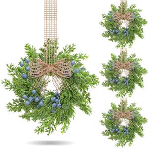 12 Pcs Small Vintage Christmas Cabinet Wreath Artificial Blue Berry Mini Kitchen Wreaths with Retro Burlap Ribbon for Farmhouse Rustic Front Door Window Wedding Chair Wall