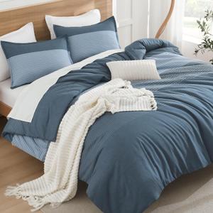 Litanika Comforter Set, Lightweight Colorblock Stripes Bedding Comforter Set, Fluffy Down Alternative Bed Set, Haze Blue, Full