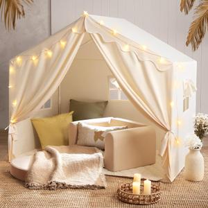 Tiny Land Kids Tent with Mat and Star Lights, Indoor Playhouse for Toddlers, 57"x36"x52" Large Reading Nook for Girls & Boys, Modern Bed Canopy for Kids Room (Cream)