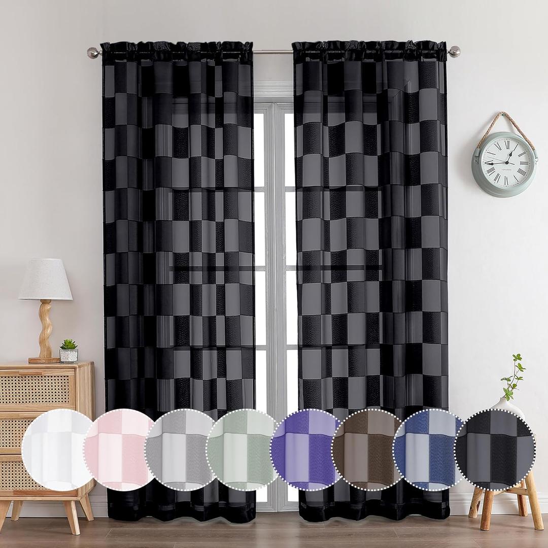 OVZME Barry Black Sheer Curtains 84 Inch Length 2 Panels - Checkered Light Filtering Soft Airy Voile, Clip Jacquard Textured Drapes for Bedroom Living Room Window, Dual Rod Pocket, 42Wx84L